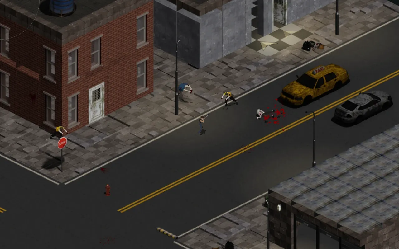 A survivor on a Downtown street at night, infected closing in